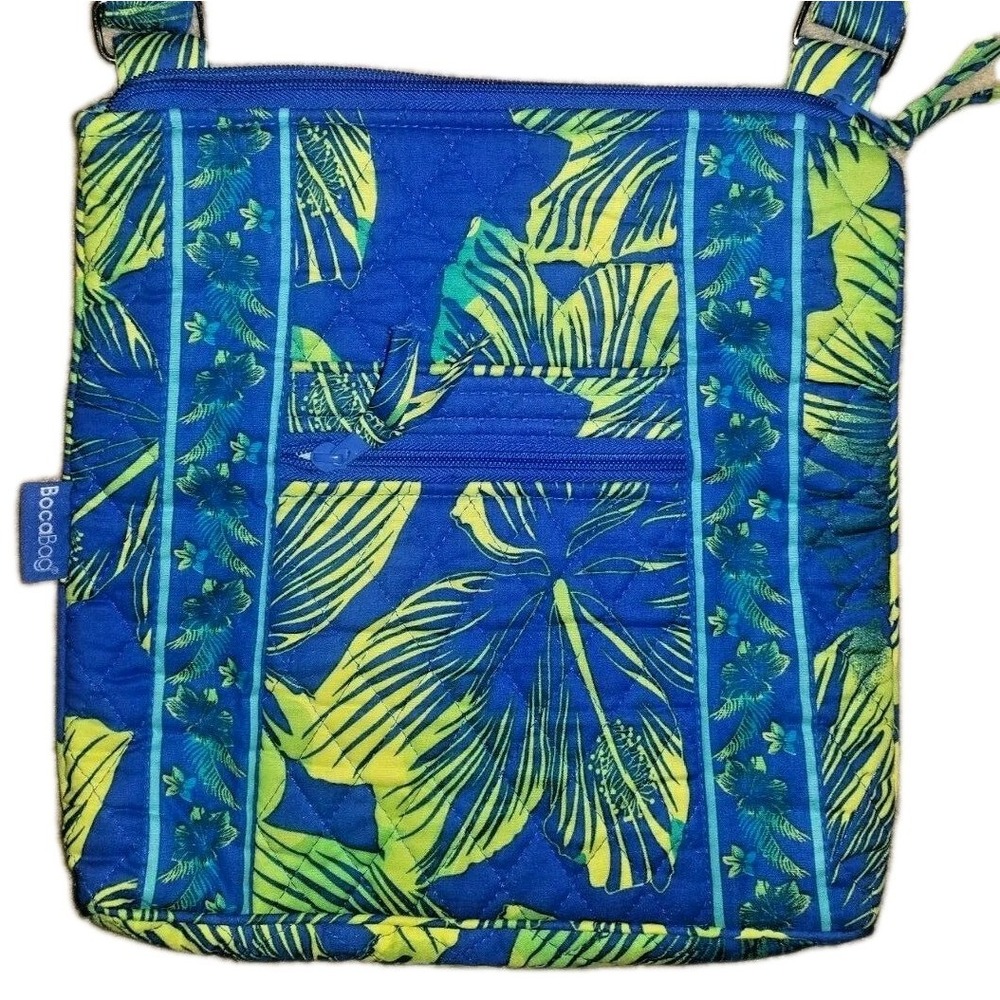 Quilted Crossbody Boca Bag Purse Blue & Green Tropical Hibiscus Cotton‎ Summer